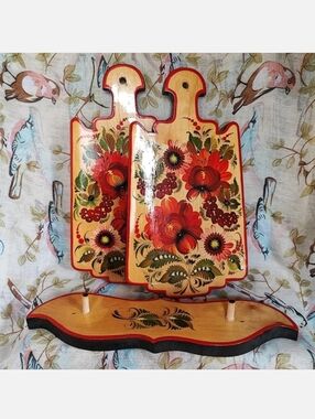 Hand Painted Folk Art Russian? Danish? Scandinavian? Wood 3 Piece Cutting Boards